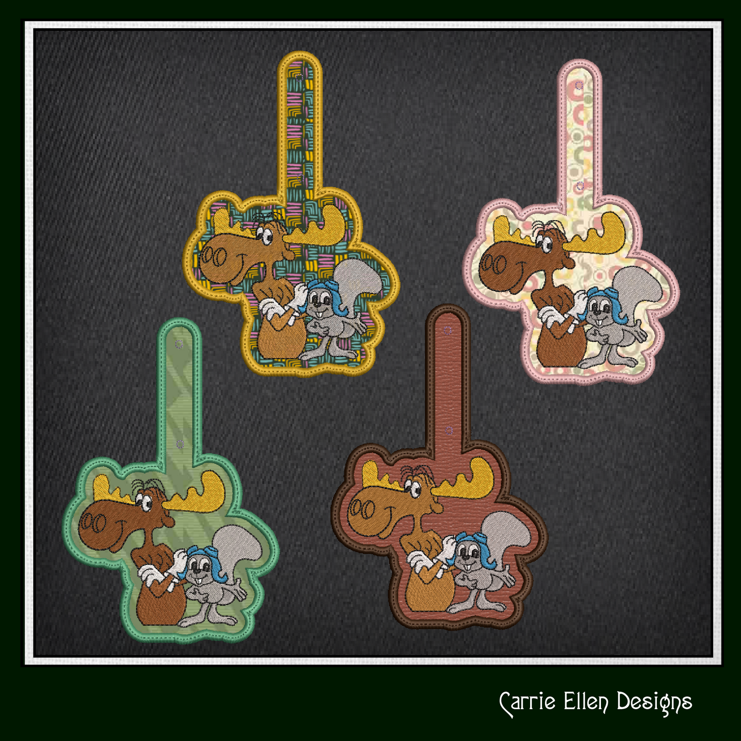 Bullwinkle and Rocky ITH Key Fob Machine Embroidery Design | Classic Cartoon Moose and Squirrel In-The-Hoop Project (2083)