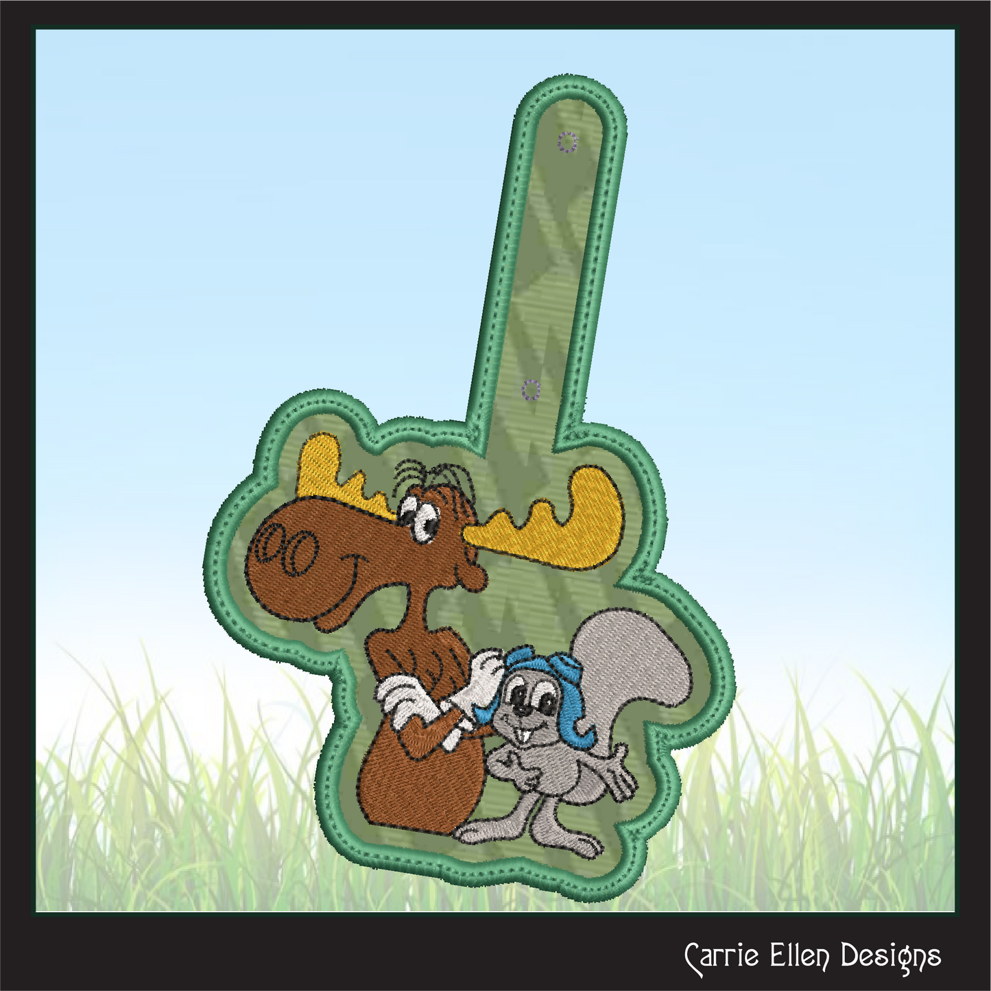 Bullwinkle and Rocky ITH Key Fob Machine Embroidery Design | Classic Cartoon Moose and Squirrel In-The-Hoop Project (2083)