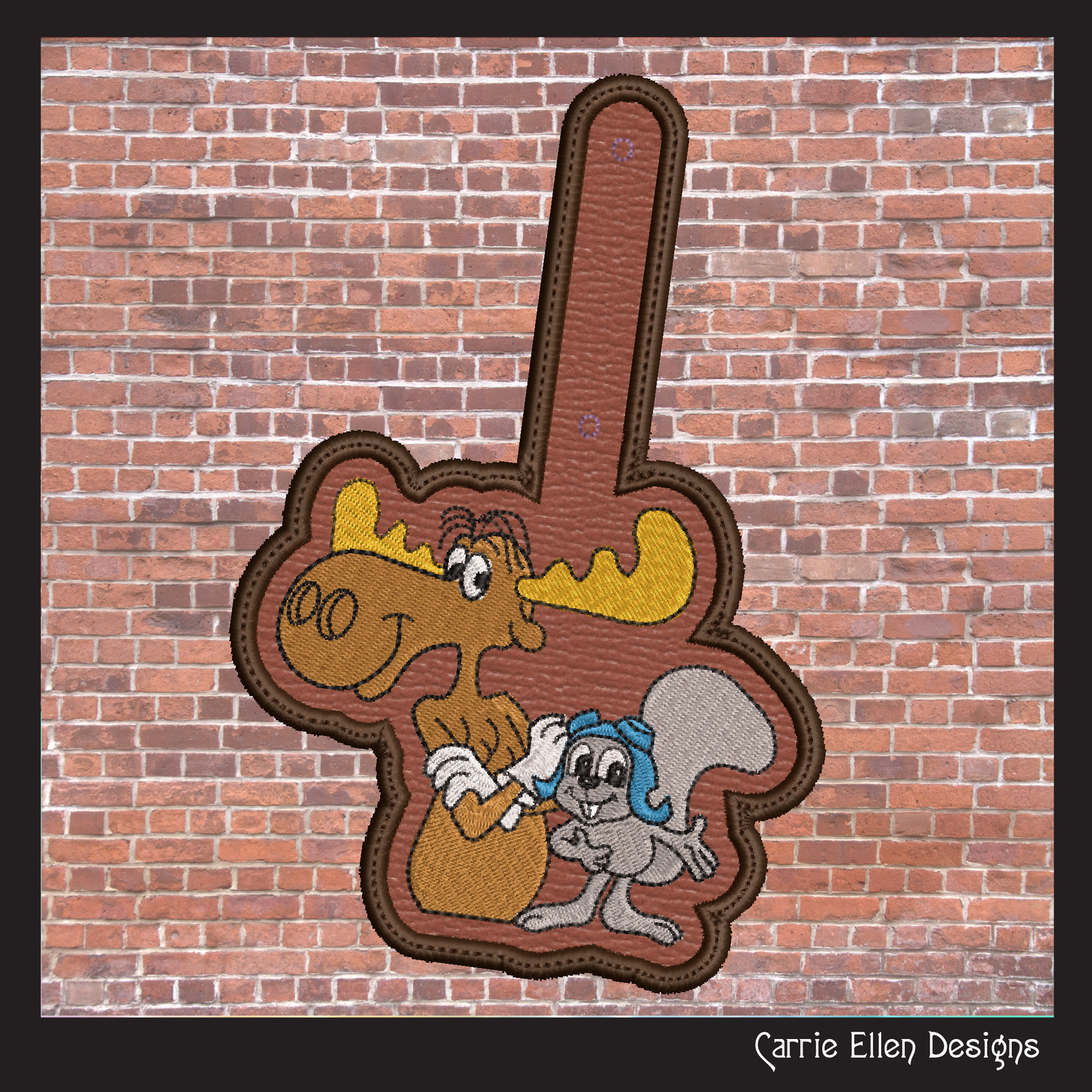 Bullwinkle and Rocky ITH Key Fob Machine Embroidery Design | Classic Cartoon Moose and Squirrel In-The-Hoop Project (2083)