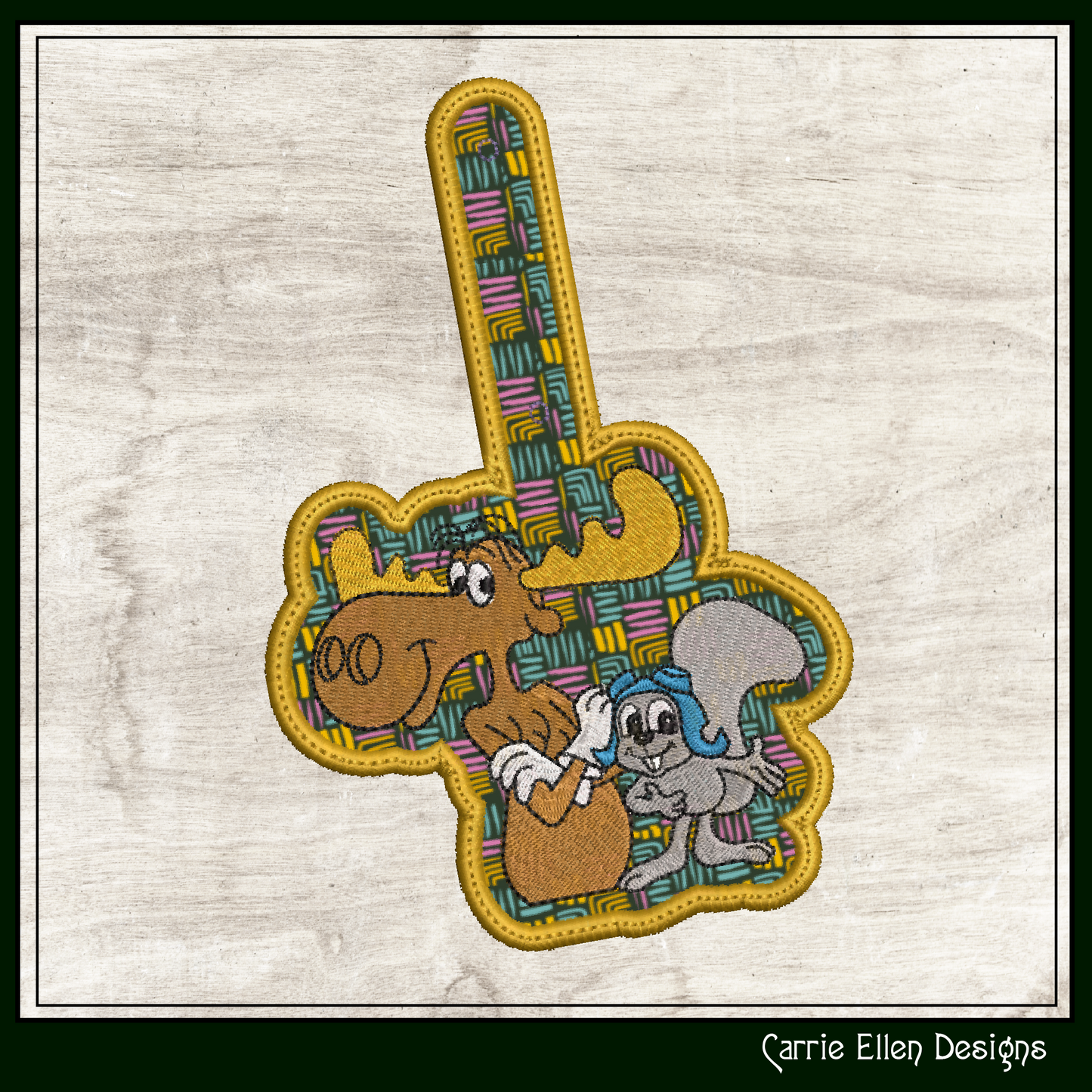 Bullwinkle and Rocky ITH Key Fob Machine Embroidery Design | Classic Cartoon Moose and Squirrel In-The-Hoop Project (2083)