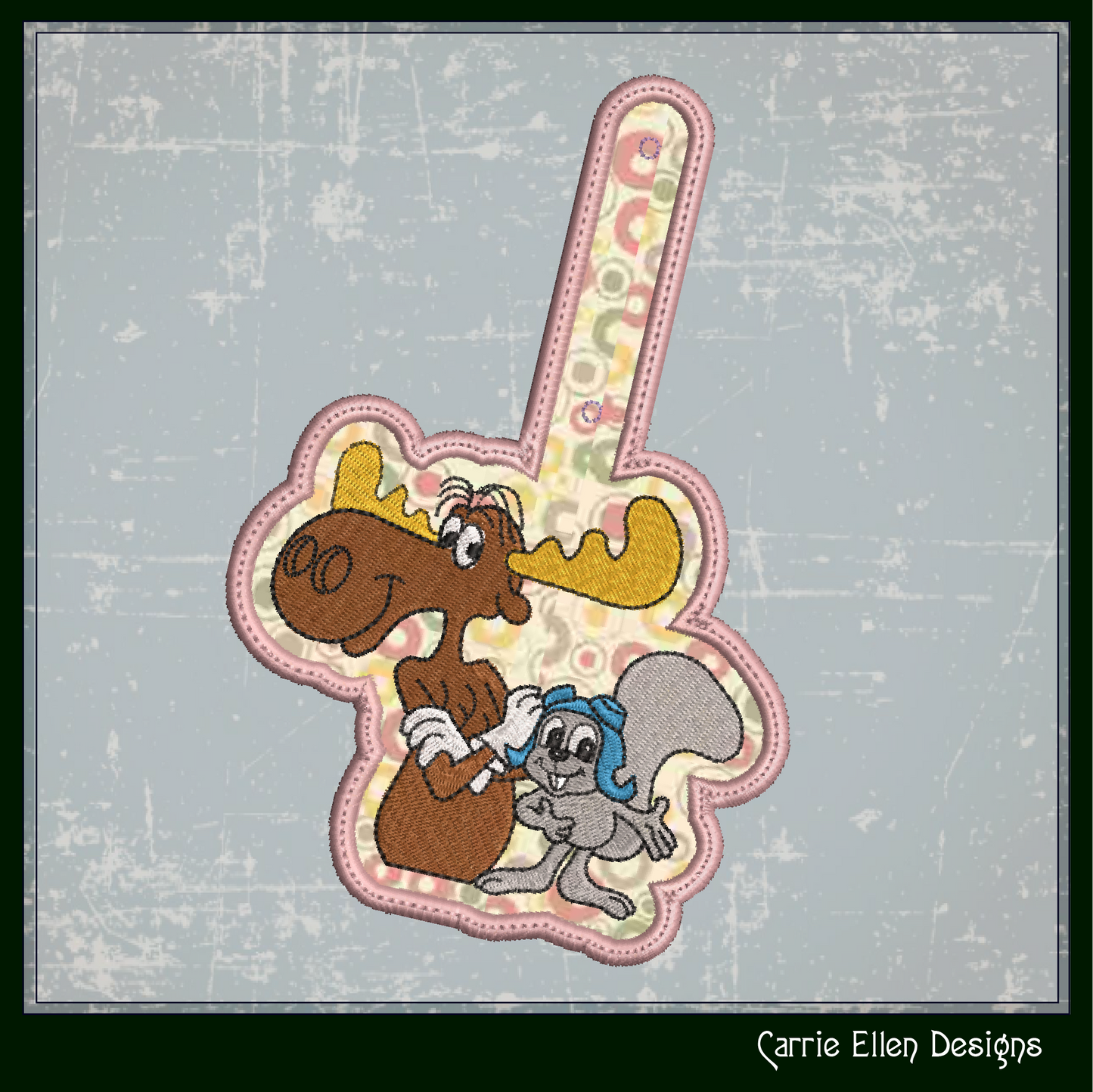 Bullwinkle and Rocky ITH Key Fob Machine Embroidery Design | Classic Cartoon Moose and Squirrel In-The-Hoop Project (2083)