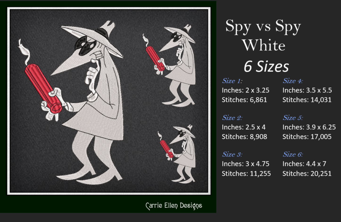Spy vs. Spy White Machine Embroidery Design – Good vs Evil Dynamite Bomb Classic Cartoon, 6 Sizes (2091)