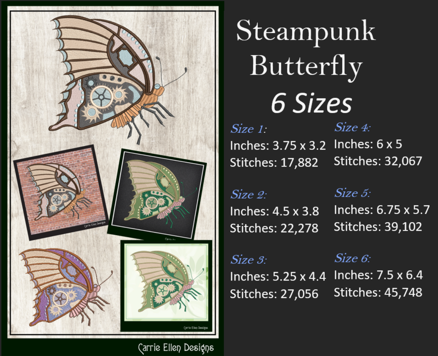 Butterfly Machine Embroidery Design, Clockwork Steampunk Butterfly, Garden Monarch Insect Embroidery Design, 6 Sizes (2093)