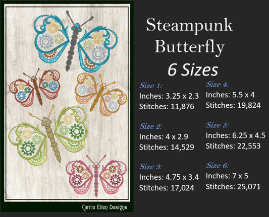 Butterfly Machine Embroidery Design, Clockwork Steampunk Butterfly, Garden Monarch Insect Embroidery Design, 6 Sizes (2095)