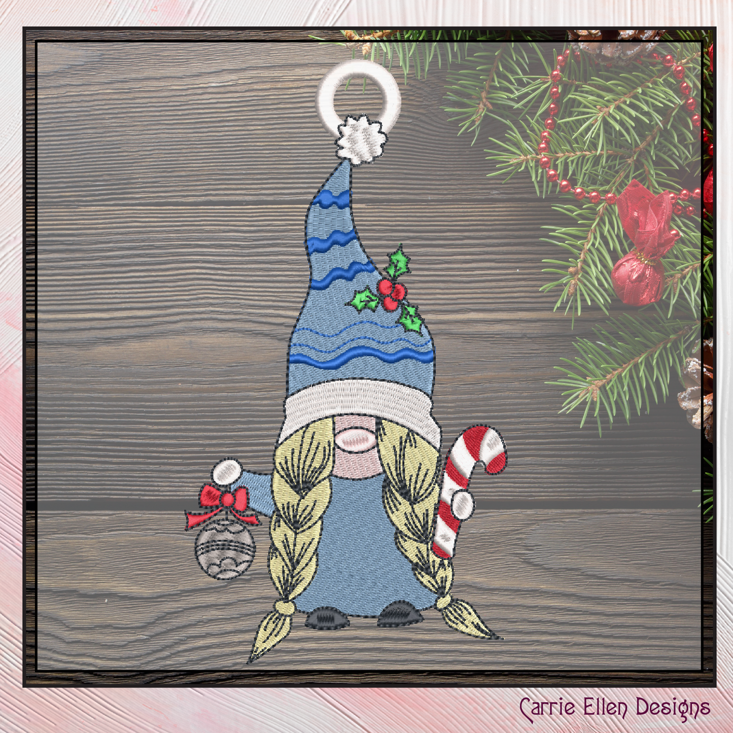 Gnome FSL Machine Embroidery Design – Christmas Lady Gnome Ornament with Candy Cane Pattern, 1 Size (2100)