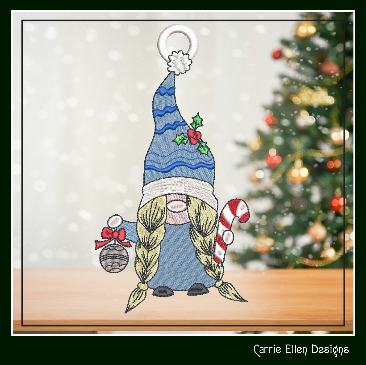 Gnome FSL Machine Embroidery Design – Christmas Lady Gnome Ornament with Candy Cane Pattern, 1 Size (2100)
