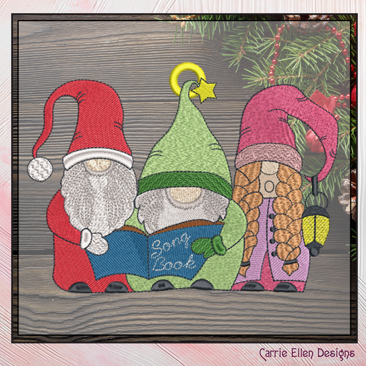 Gnome FSL Machine Embroidery Design – Caroling Gnomes Ornament with Songbook and Lanterns, 1 Size (2101)