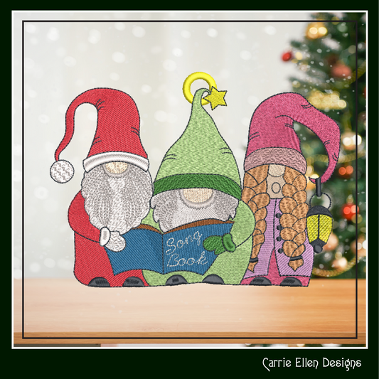 Gnome FSL Machine Embroidery Design – Caroling Gnomes Ornament with Songbook and Lanterns, 1 Size (2101)