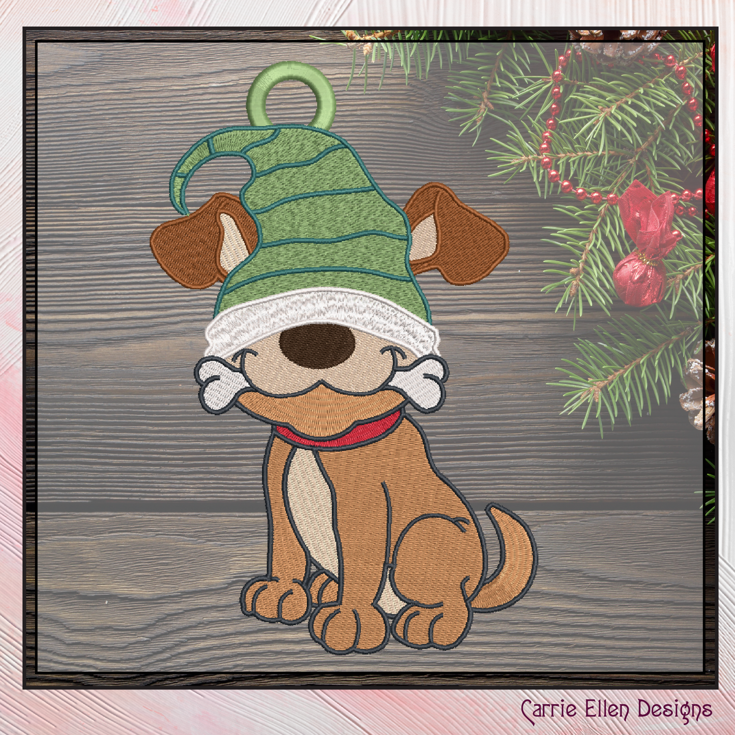 Dog Gnome FSL Machine Embroidery Design – Dog with Bone Gnome Ornament, 1 Size (2102)