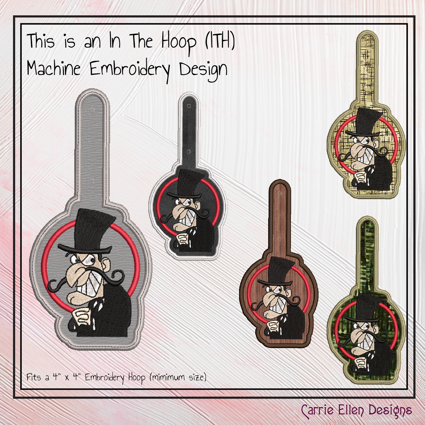 Snidely Whiplash ITH Key Fob Machine Embroidery Design | Classic Villain Cartoon In-The-Hoop Key Tag (2110)