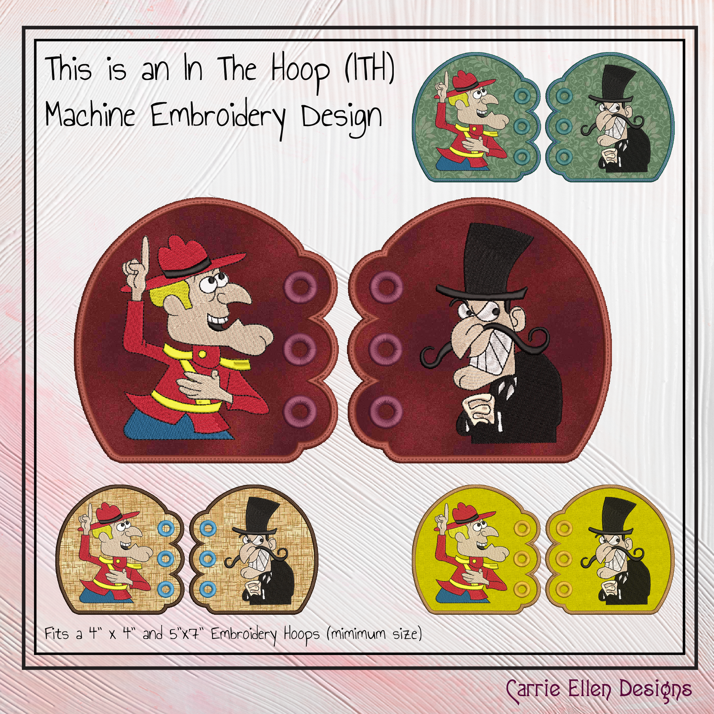 Dudley Do-Right & Snidely Whiplash ITH Shoe Wing Embroidery Design – Cartoon Mountie & Villain Wings for Shoes – 4x4 & 5x7 Hoop (2111)