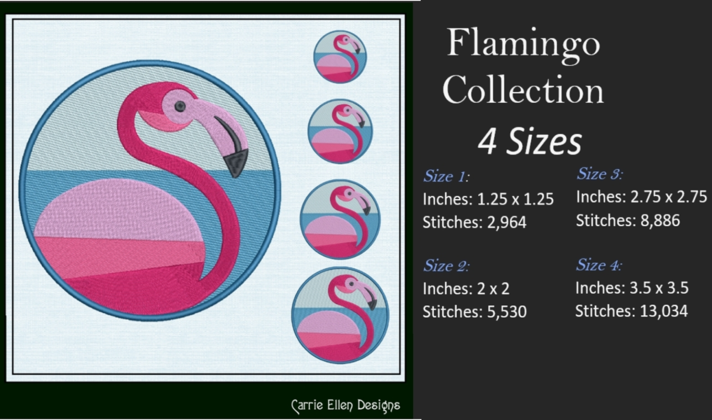 Flamingo Machine Embroidery Design Bundle – Artistic Pink Bird Patterns, 4 Flamingo Designs, 4 Sizes Each (2136)