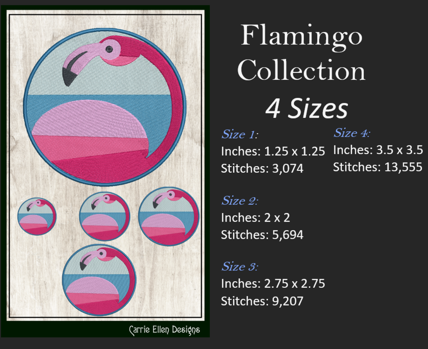 Flamingo Machine Embroidery Design Bundle – Artistic Pink Bird Patterns, 4 Flamingo Designs, 4 Sizes Each (2136)