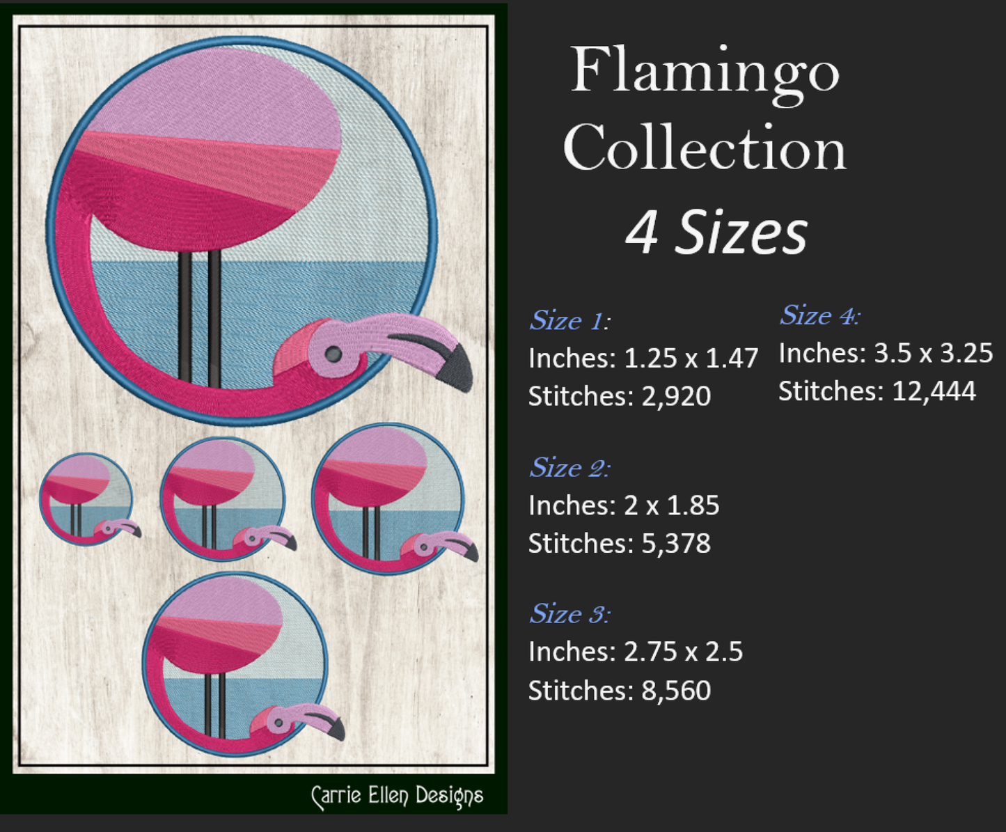 Flamingo Machine Embroidery Design Bundle – Artistic Pink Bird Patterns, 4 Flamingo Designs, 4 Sizes Each (2136)