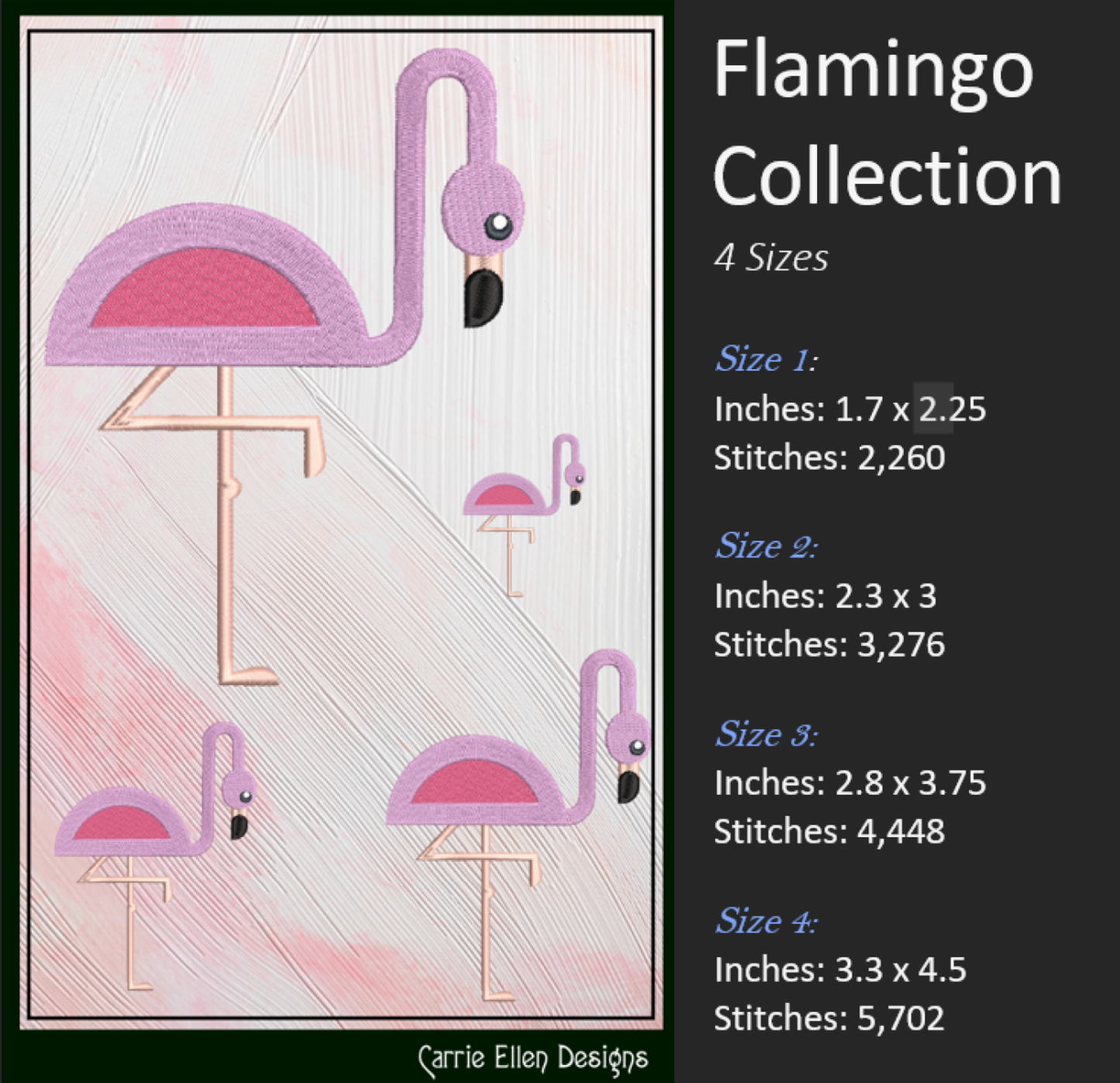 Flamingo Machine Embroidery Bundle – Quirky Pink Bird Designs, Set of 6 Whimsical Flamingos, 4 Sizes Each (2137)