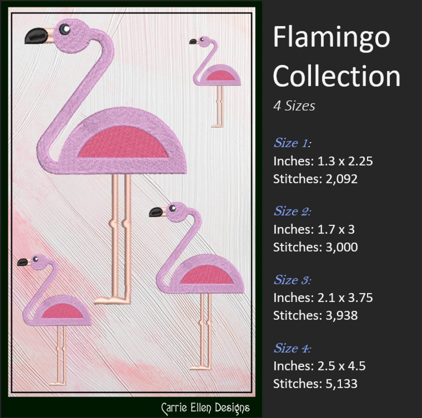 Flamingo Machine Embroidery Bundle – Quirky Pink Bird Designs, Set of 6 Whimsical Flamingos, 4 Sizes Each (2137)
