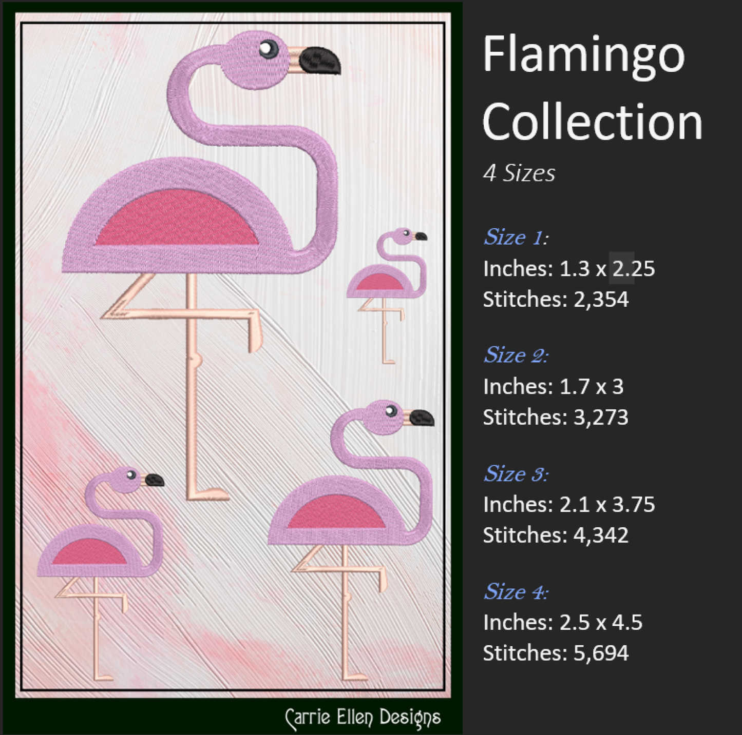 Flamingo Machine Embroidery Bundle – Quirky Pink Bird Designs, Set of 6 Whimsical Flamingos, 4 Sizes Each (2137)