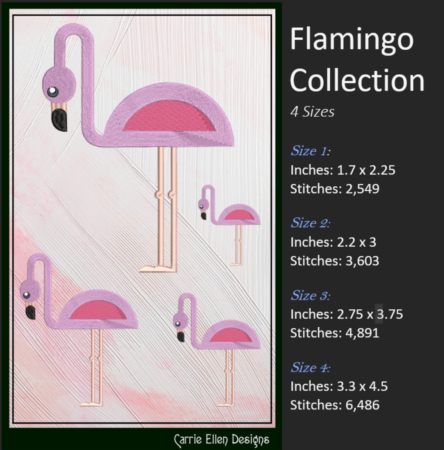 Flamingo Machine Embroidery Bundle – Quirky Pink Bird Designs, Set of 6 Whimsical Flamingos, 4 Sizes Each (2137)