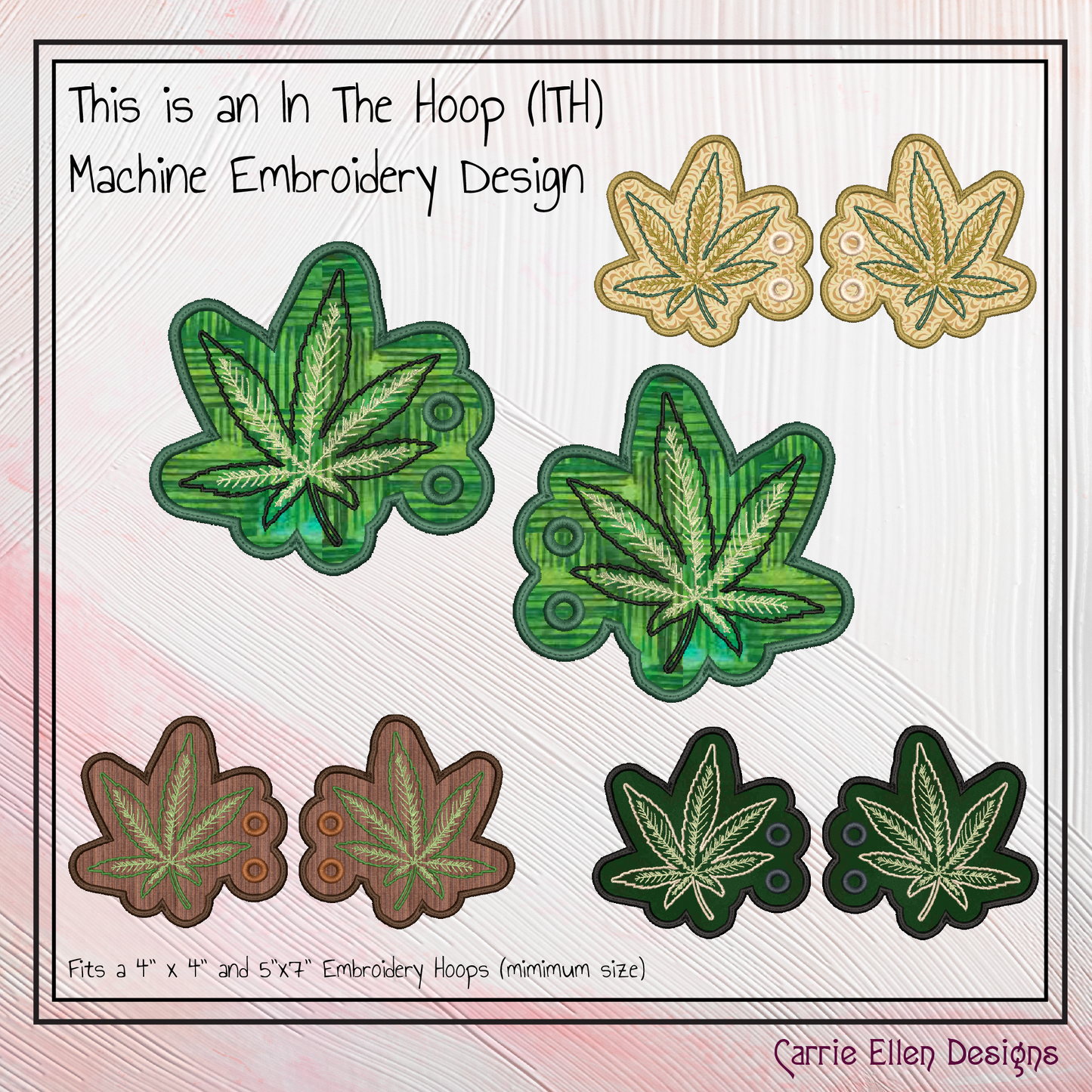 Marijuana Leaf ITH Shoe Wing Machine Embroidery Design – Cannabis Leaf In The Hoop Wings for Shoes and Boots – 4x4 & 5x7 Hoop (2174)