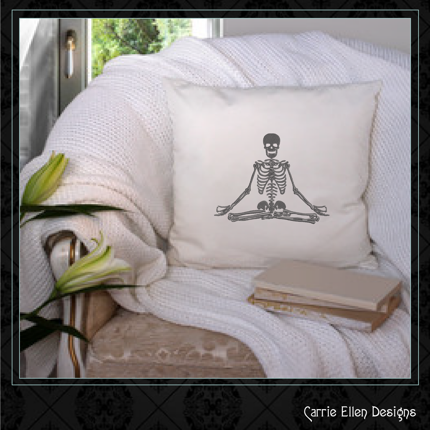 Skeleton Machine Embroidery Design, Meditating Skeleton Design, Sitting Lotus Pose, 6 Sizes (2182)