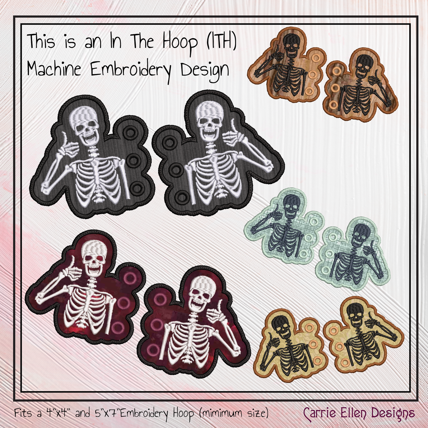 Skeleton ITH Shoe Wing Machine Embroidery Design – Thumbs Up Skeleton Wings for Shoes and Boots – 4x4 & 5x7 Hoop (2183)