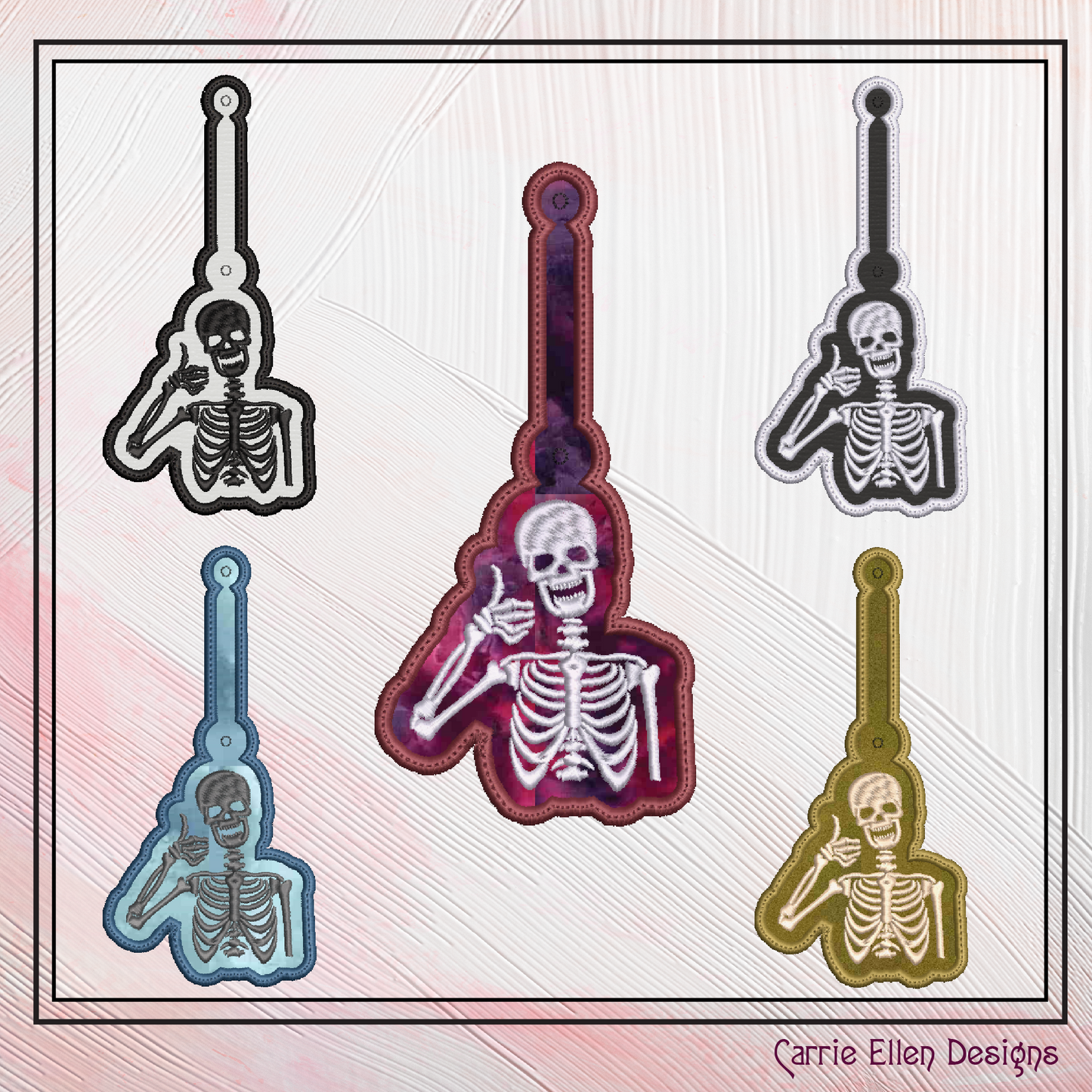 Skeleton ITH Key Fob Machine Embroidery Design | Thumbs Up Skeleton In-The-Hoop Key Tag (2184)