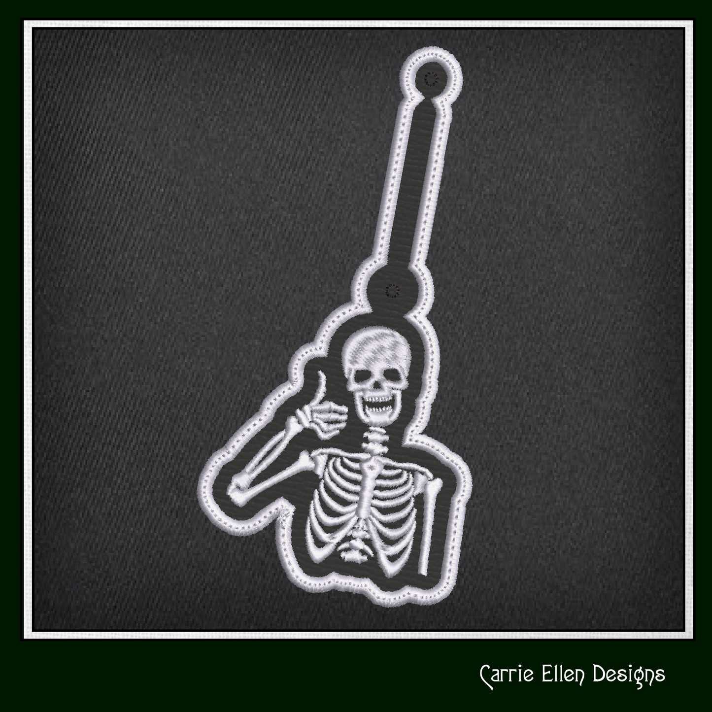 Skeleton ITH Key Fob Machine Embroidery Design | Thumbs Up Skeleton In-The-Hoop Key Tag (2184)