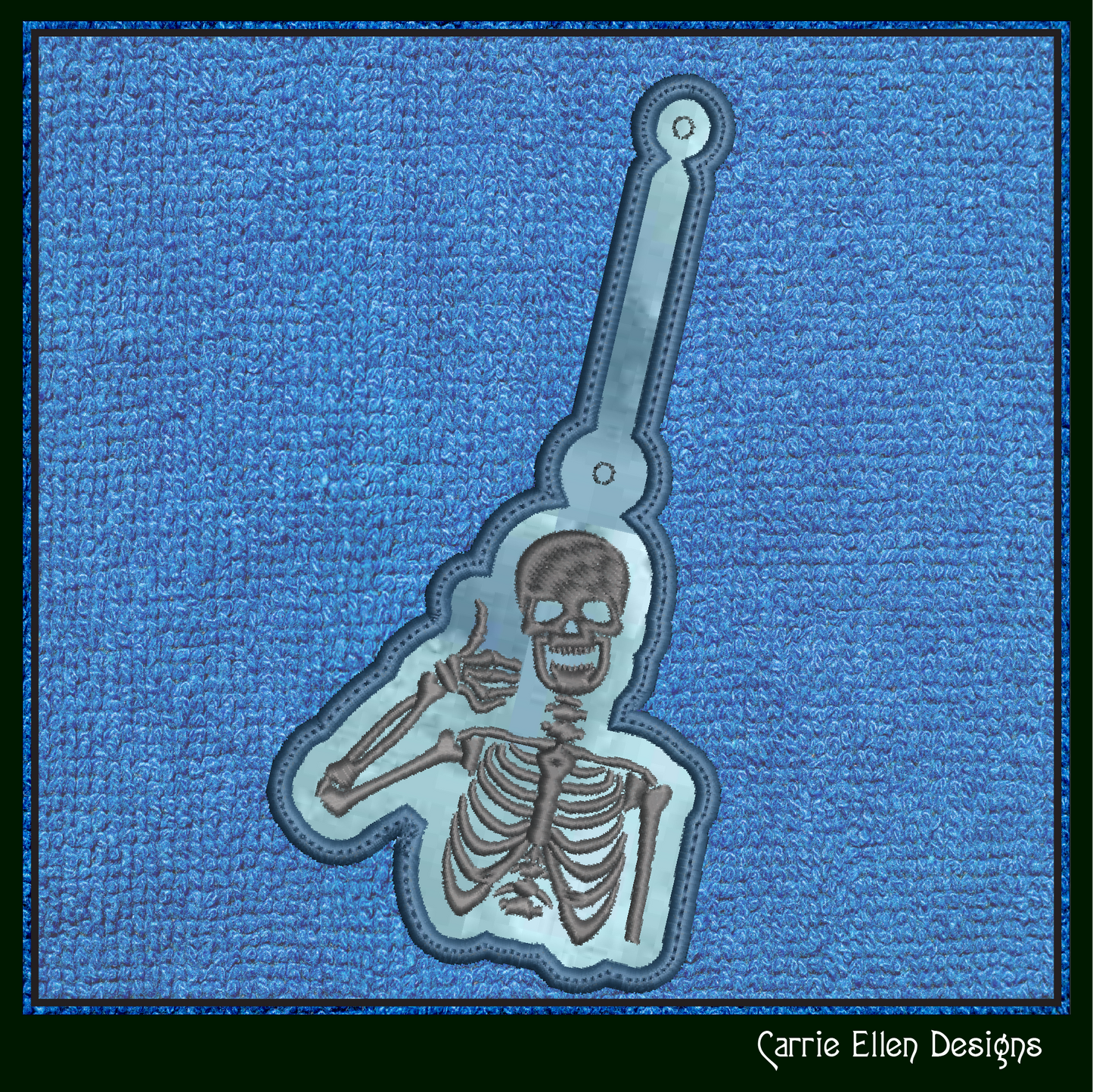 Skeleton ITH Key Fob Machine Embroidery Design | Thumbs Up Skeleton In-The-Hoop Key Tag (2184)