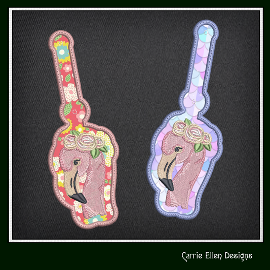 Flamingo ITH Key Fob Machine Embroidery Design | Whimsical Pink Bird with Floral Crown In-The-Hoop Key Tag (2186)