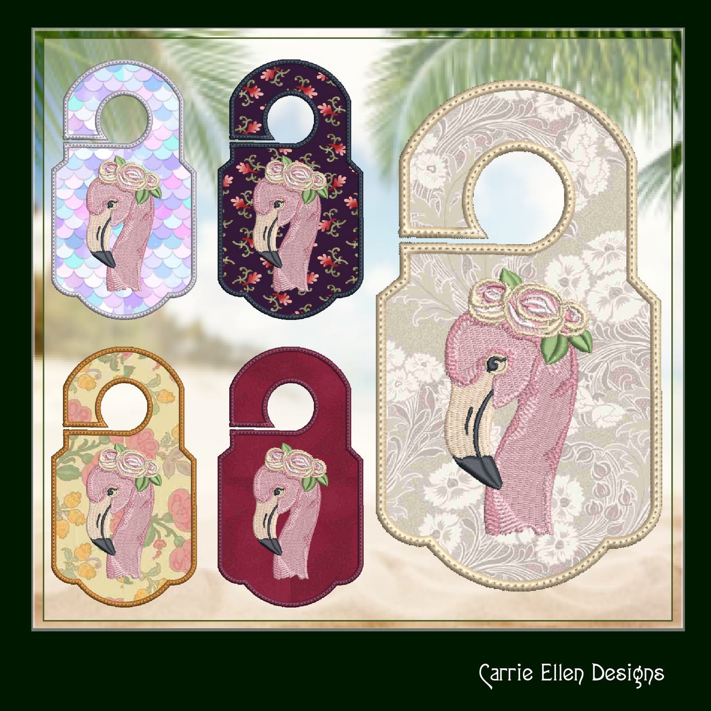 Flamingo with Floral Crown In The Hoop Doorknob Hanger Machine Embroidery Design Project, Whimsical Pink Bird Door Sign (2190)