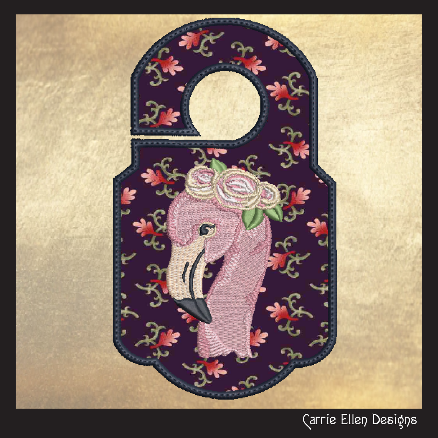 Flamingo with Floral Crown In The Hoop Doorknob Hanger Machine Embroidery Design Project, Whimsical Pink Bird Door Sign (2190)