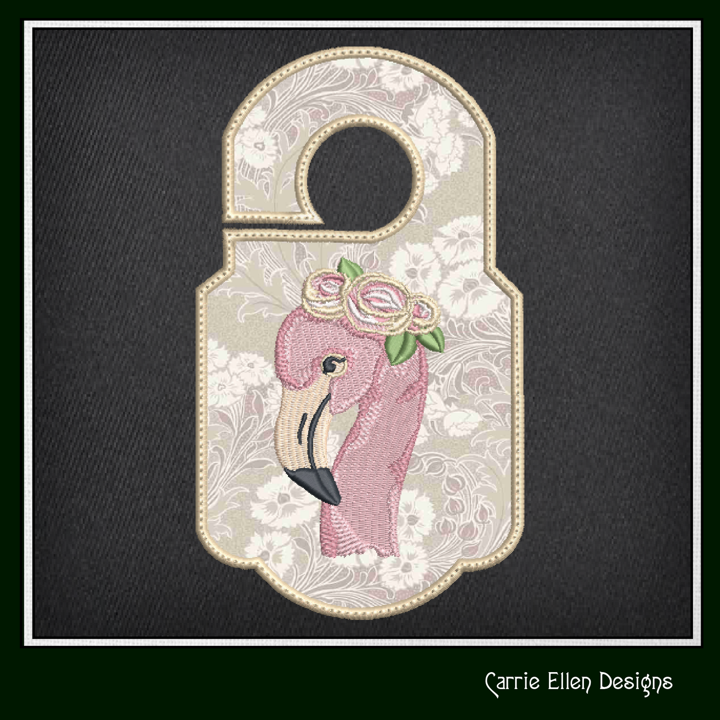 Flamingo with Floral Crown In The Hoop Doorknob Hanger Machine Embroidery Design Project, Whimsical Pink Bird Door Sign (2190)