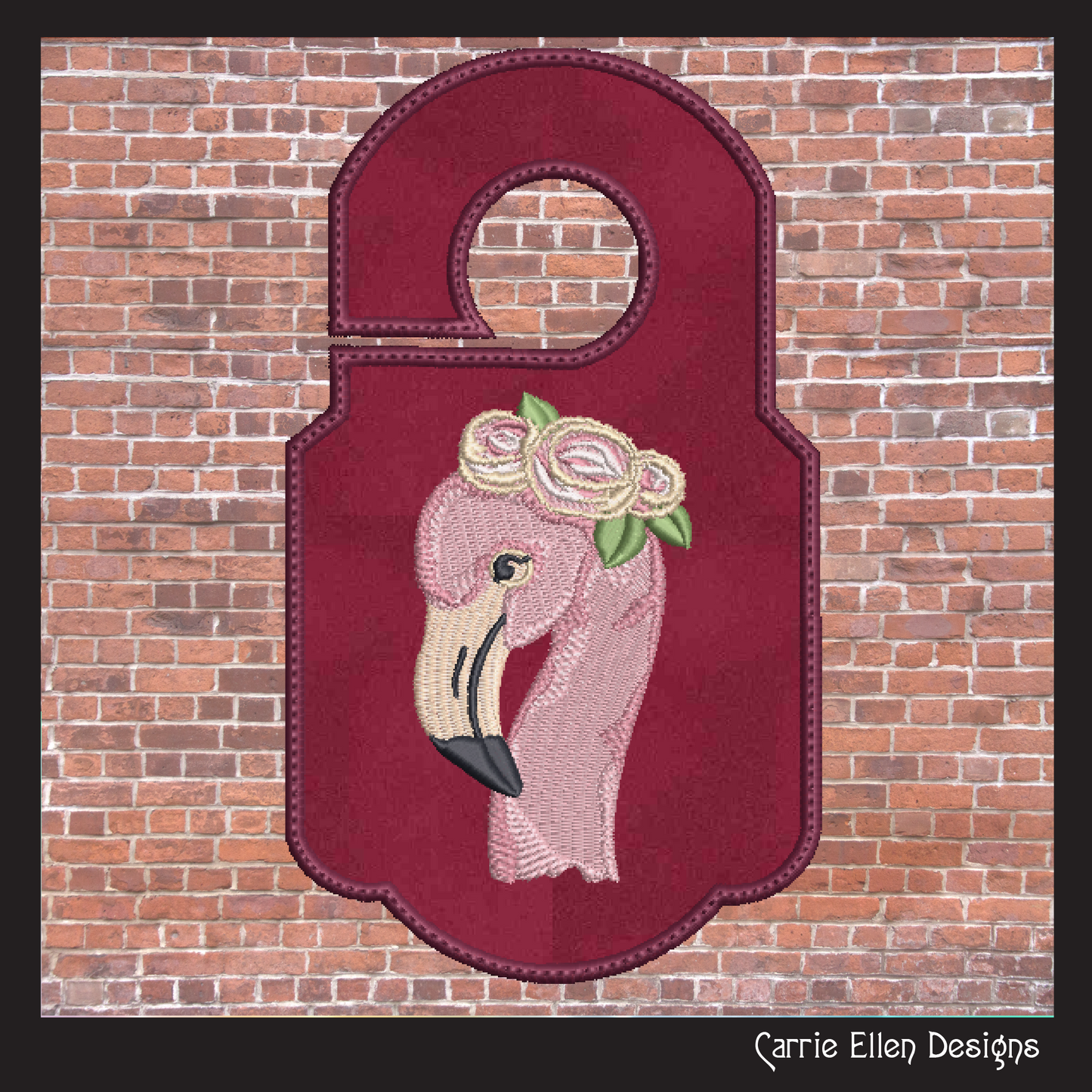 Flamingo with Floral Crown In The Hoop Doorknob Hanger Machine Embroidery Design Project, Whimsical Pink Bird Door Sign (2190)