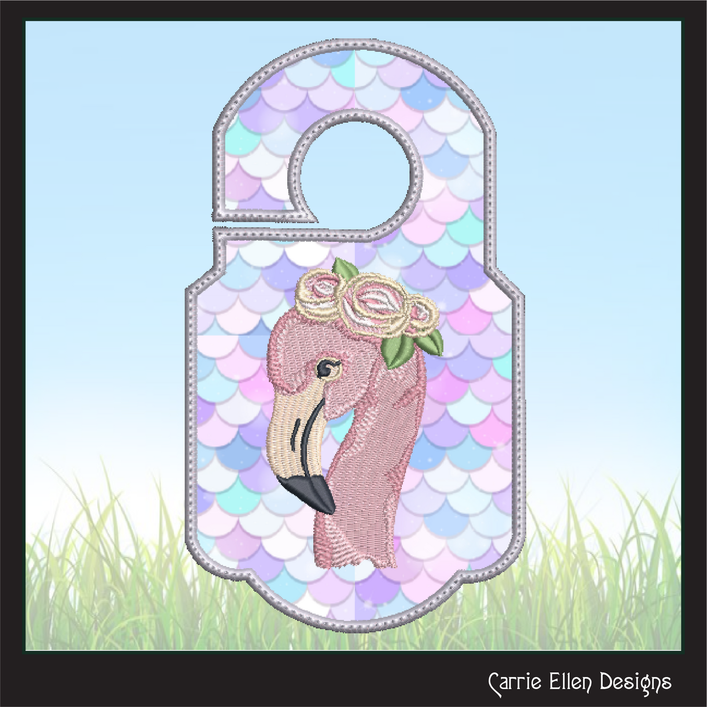 Flamingo with Floral Crown In The Hoop Doorknob Hanger Machine Embroidery Design Project, Whimsical Pink Bird Door Sign (2190)