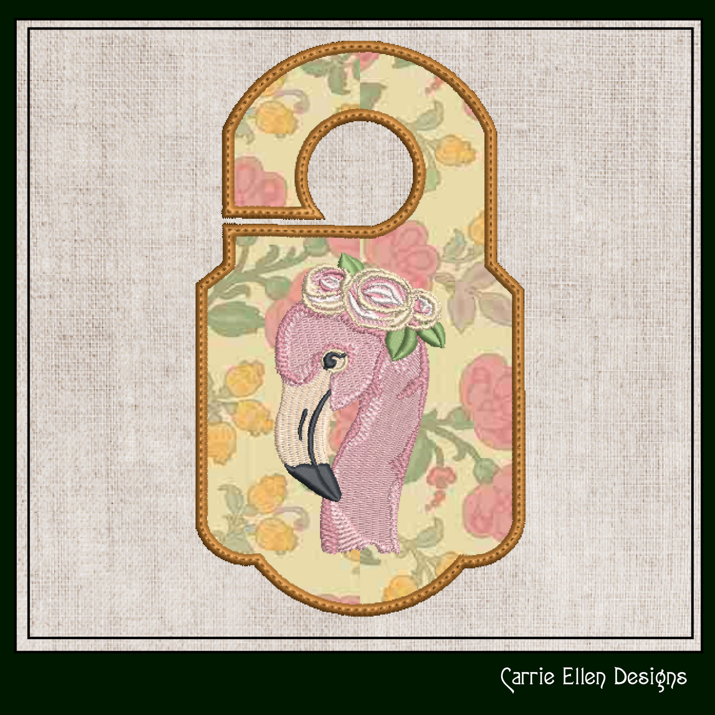 Flamingo with Floral Crown In The Hoop Doorknob Hanger Machine Embroidery Design Project, Whimsical Pink Bird Door Sign (2190)