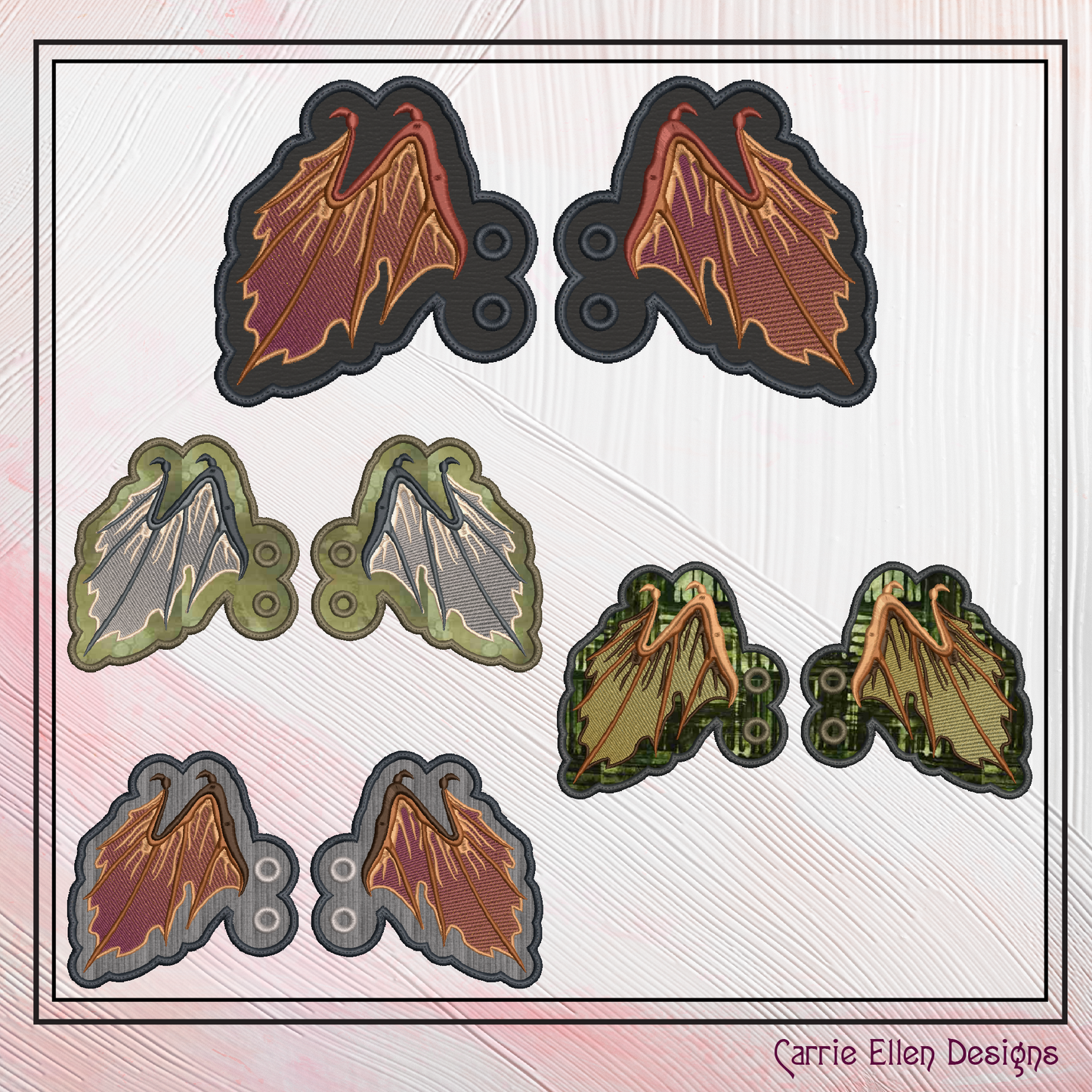 Bat Wing ITH Machine Embroidery Shoe Wings – Colorful Halloween Bat Wings – In The Hoop Shoe Charm Design for 4x4 and 5x7 Hoops (2204)