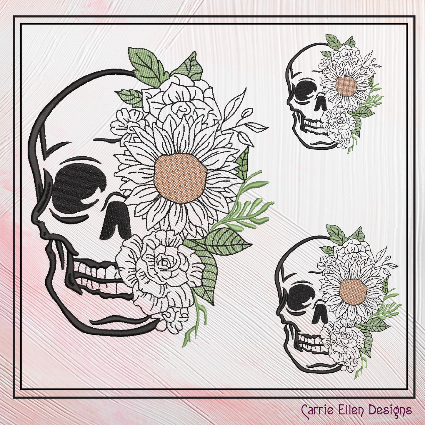 Sugar Skull with Flowers Machine Embroidery Design – Day of the Dead Skull Pattern, 6 Sizes (2225)