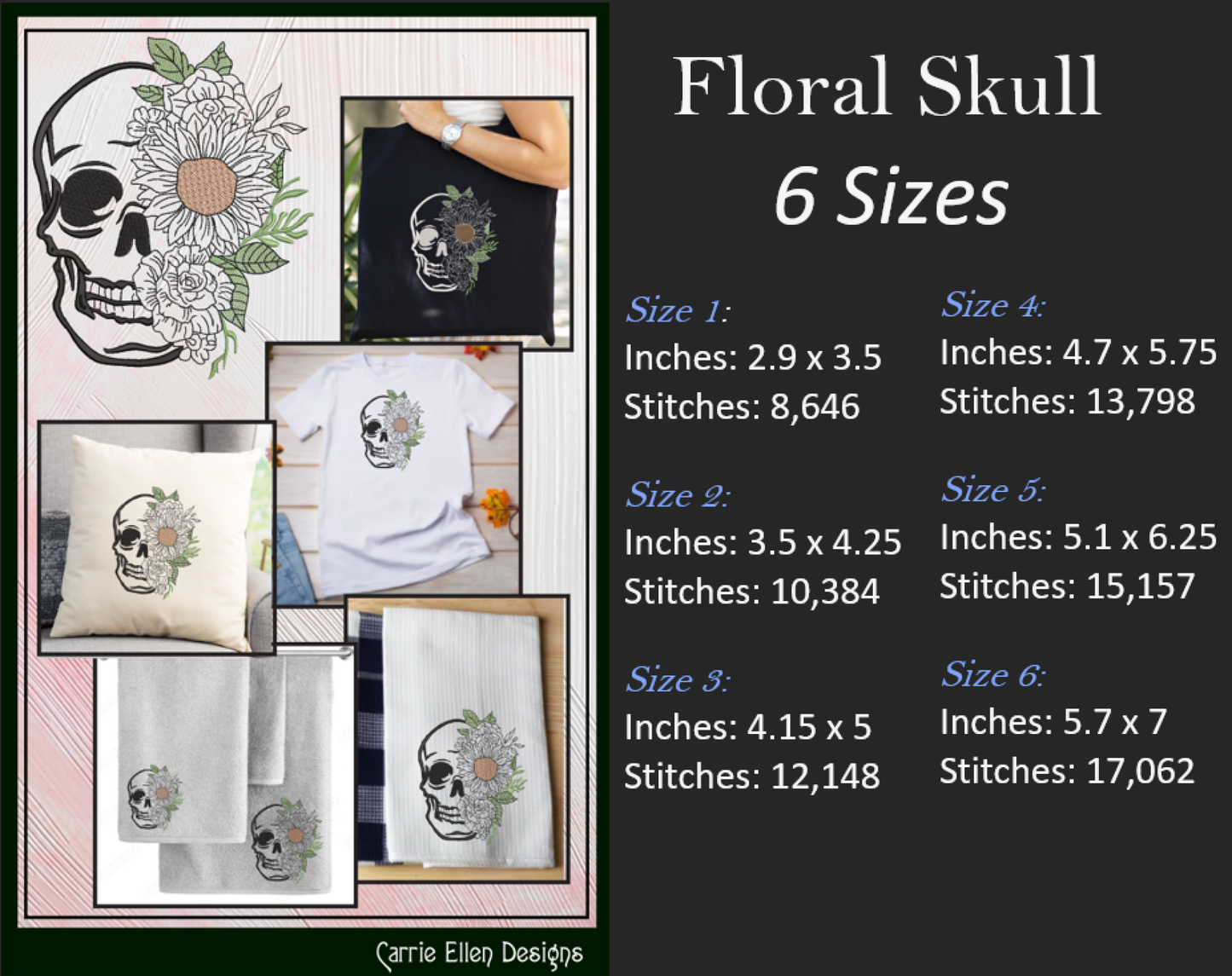 Sugar Skull with Flowers Machine Embroidery Design – Day of the Dead Skull Pattern, 6 Sizes (2225)