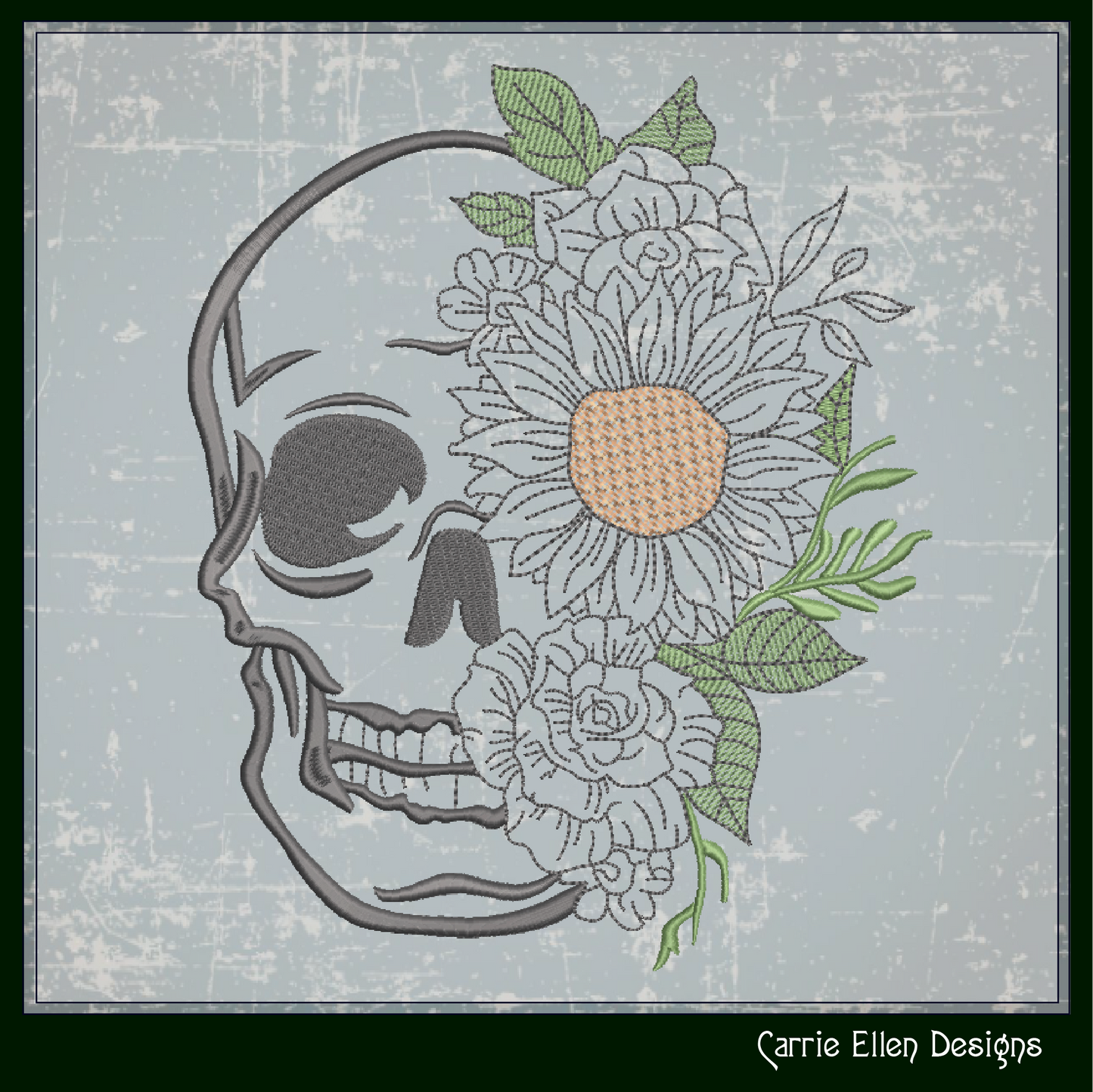 Sugar Skull with Flowers Machine Embroidery Design – Day of the Dead Skull Pattern, 6 Sizes (2225)
