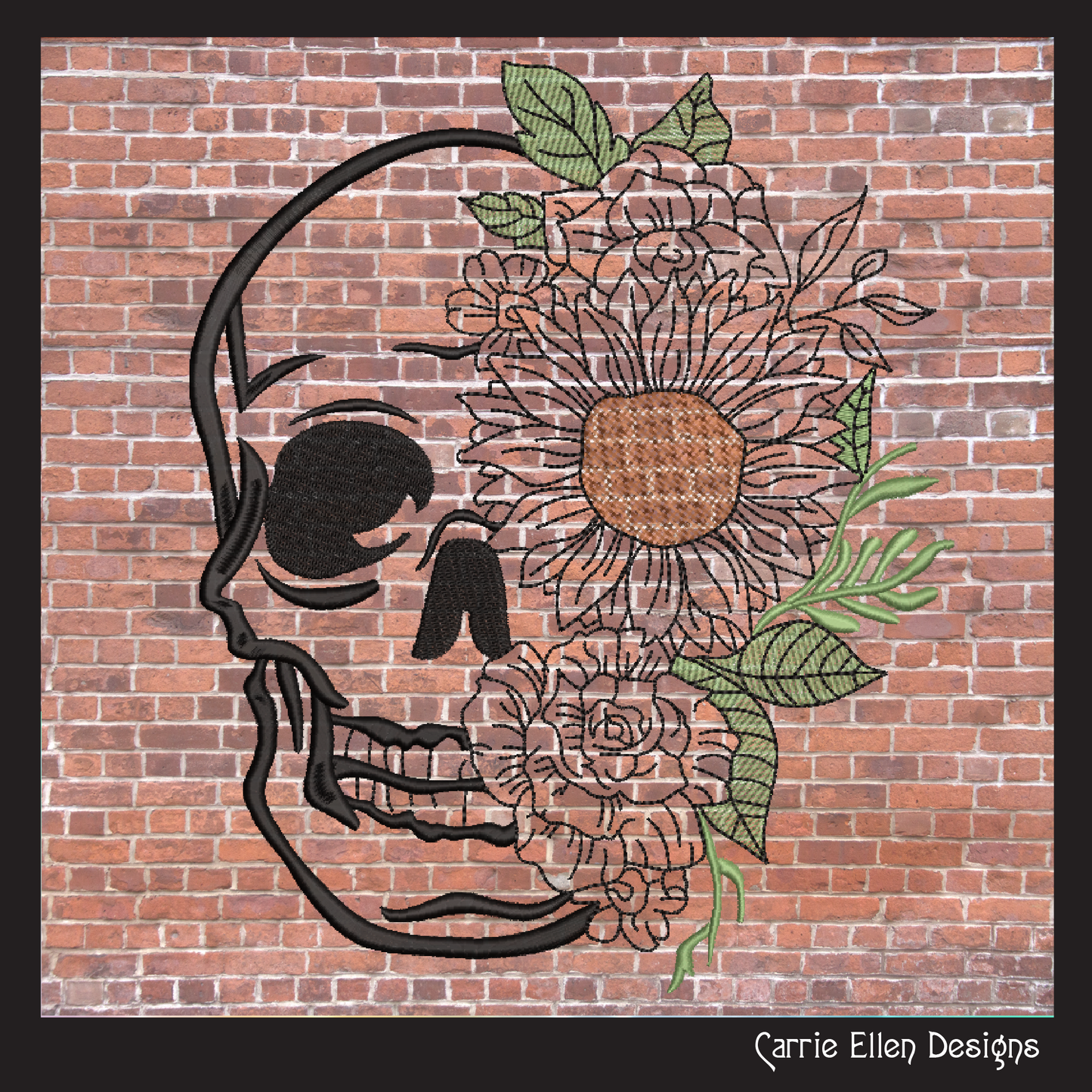 Sugar Skull with Flowers Machine Embroidery Design – Day of the Dead Skull Pattern, 6 Sizes (2225)