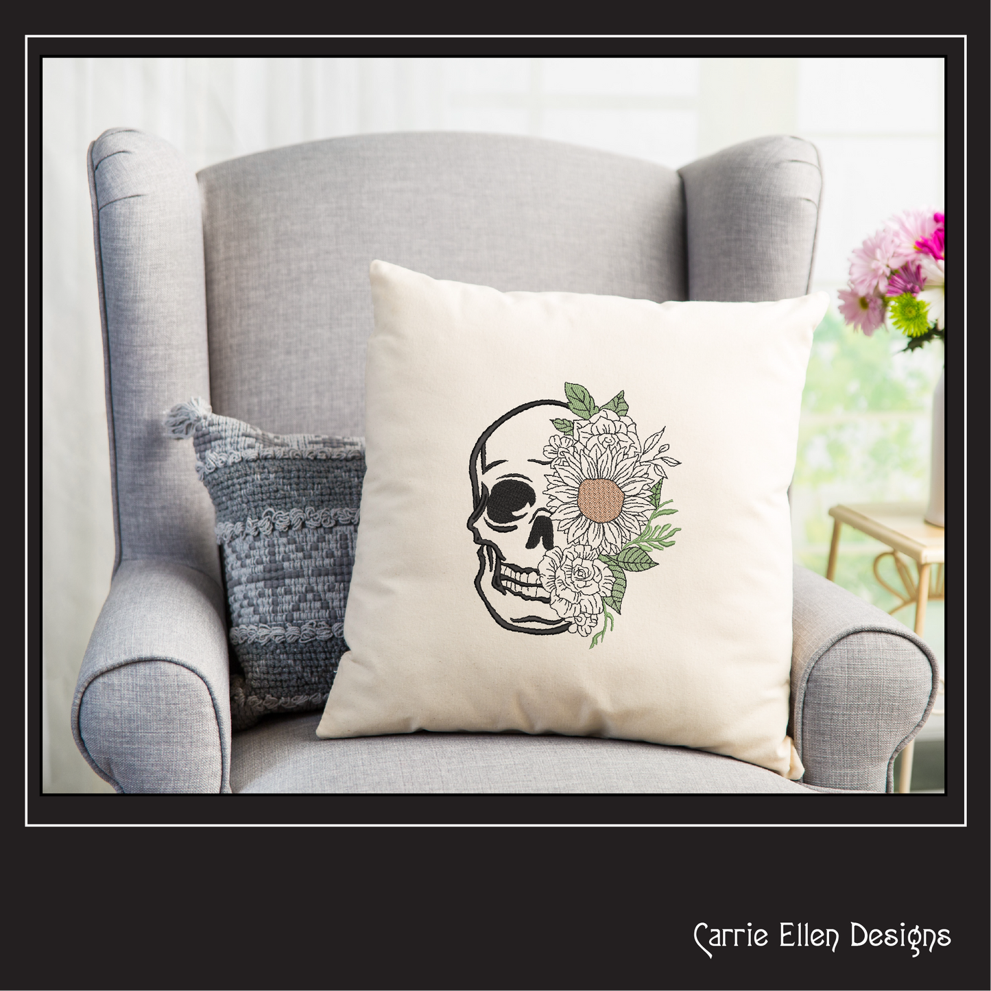 Sugar Skull with Flowers Machine Embroidery Design – Day of the Dead Skull Pattern, 6 Sizes (2225)