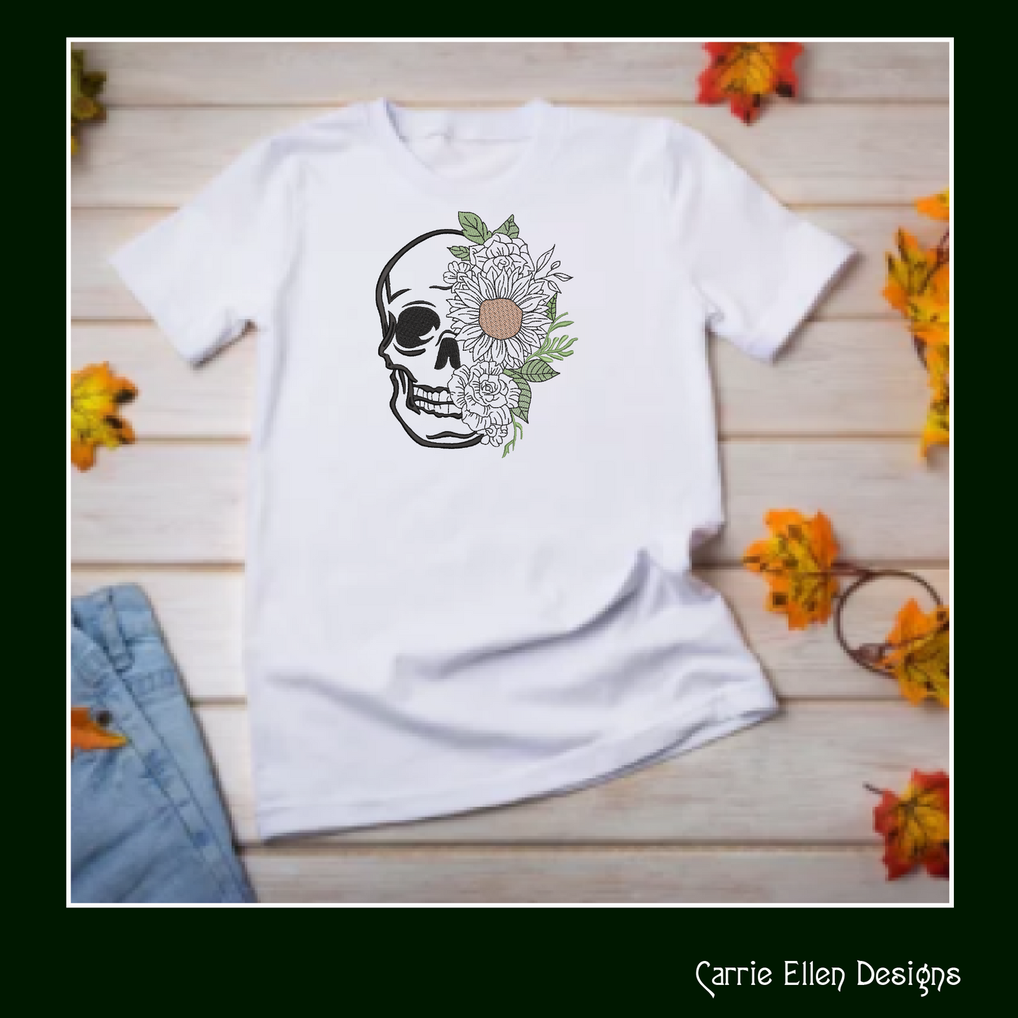 Sugar Skull with Flowers Machine Embroidery Design – Day of the Dead Skull Pattern, 6 Sizes (2225)