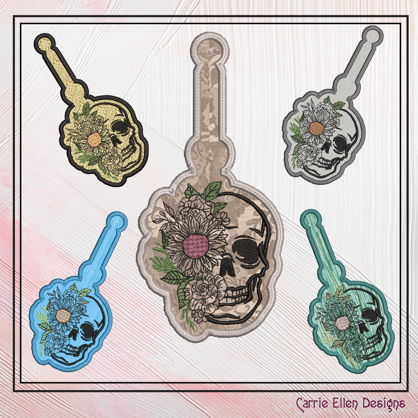 Floral Skull ITH Key Fob Machine Embroidery Design | Artistic Skull In-The-Hoop Bag Tag and Key Tag (2227)