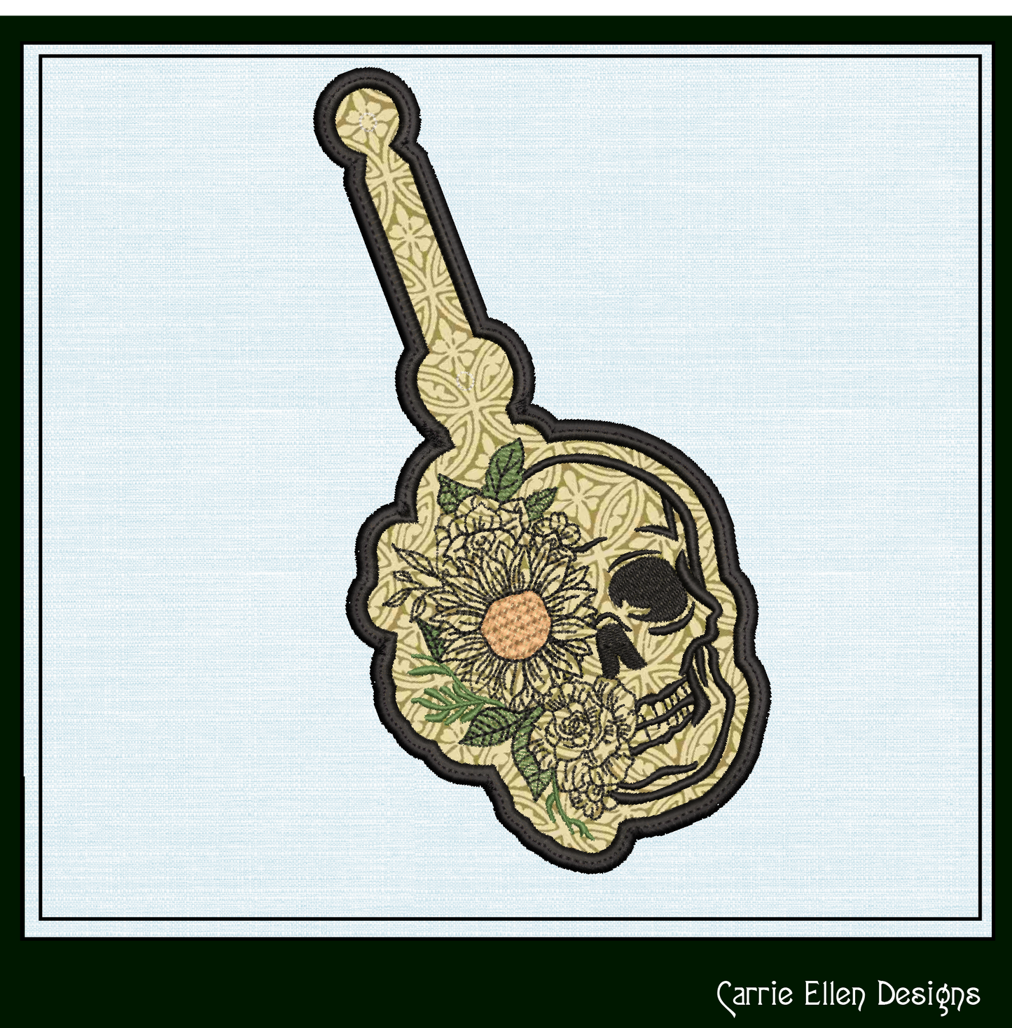 Floral Skull ITH Key Fob Machine Embroidery Design | Artistic Skull In-The-Hoop Bag Tag and Key Tag (2227)