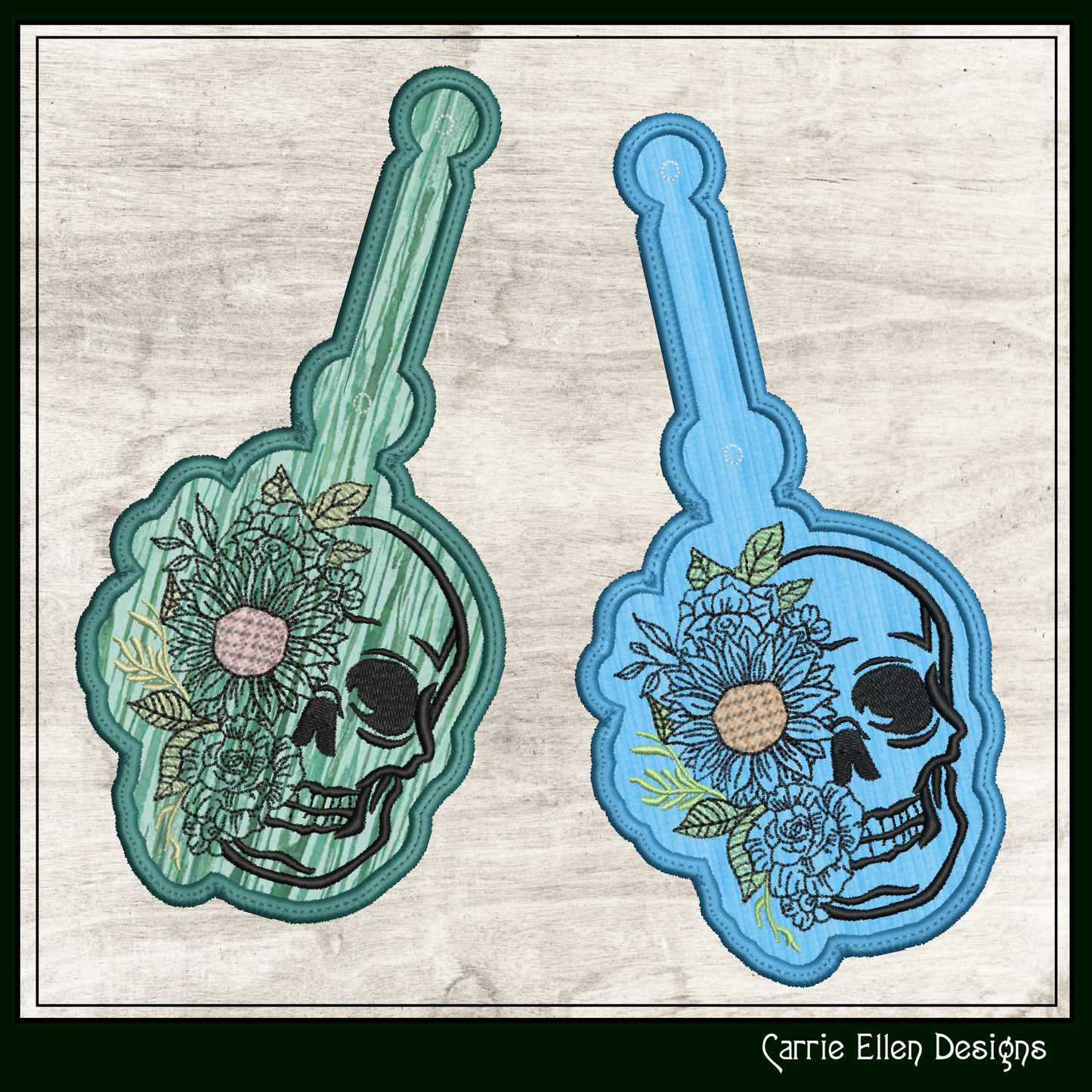 Floral Skull ITH Key Fob Machine Embroidery Design | Artistic Skull In-The-Hoop Bag Tag and Key Tag (2227)