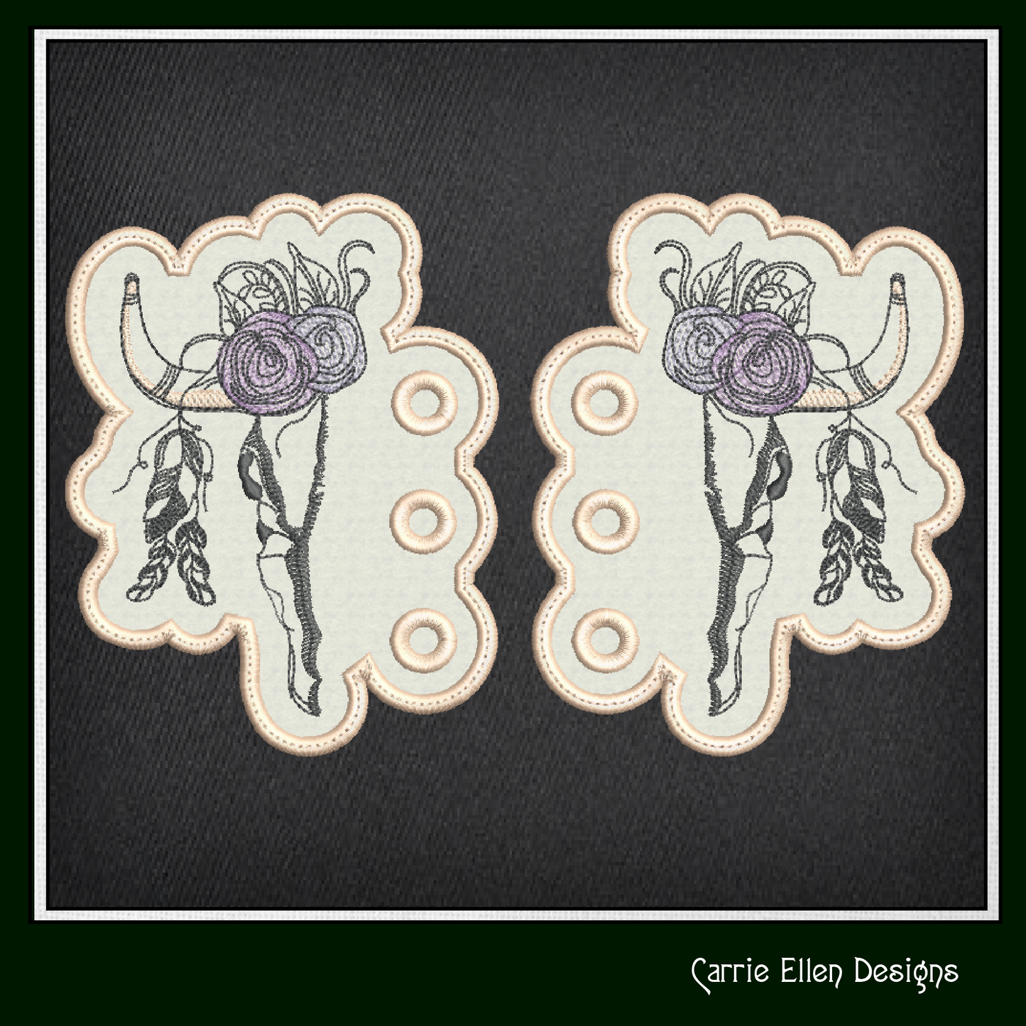 Deer Skull ITH Shoe Wing Embroidery Design – In The Hoop Floral Antler Skull Machine Embroidery Pattern – 4x4 & 5x7 Hoop (2230)