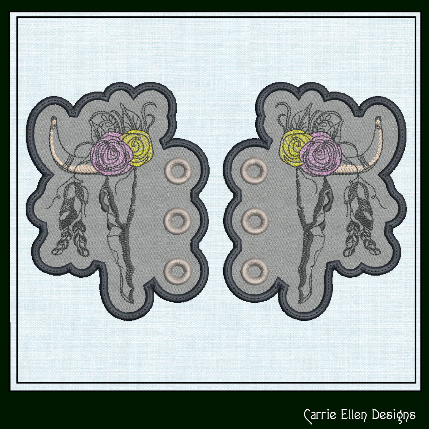 Deer Skull ITH Shoe Wing Embroidery Design – In The Hoop Floral Antler Skull Machine Embroidery Pattern – 4x4 & 5x7 Hoop (2230)