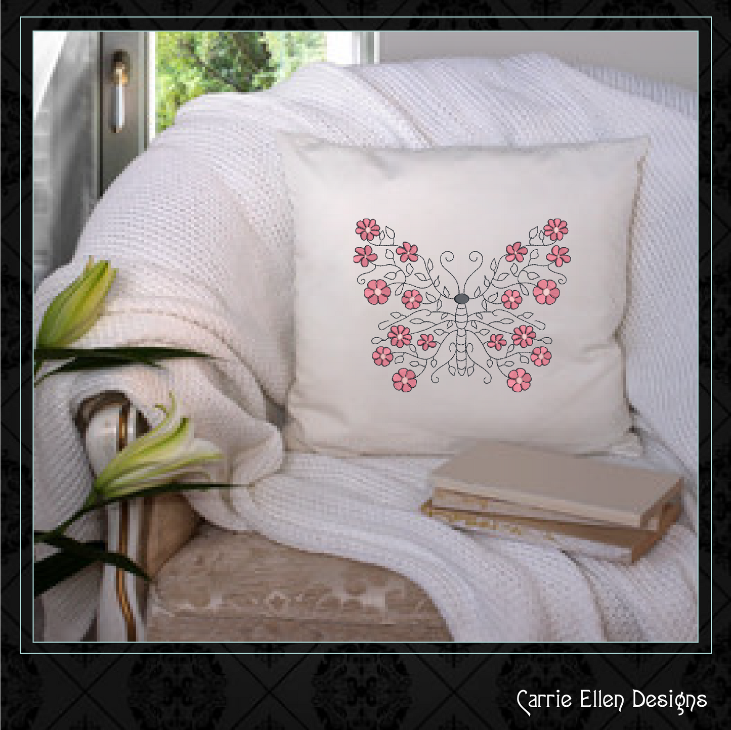 Butterfly Machine Embroidery Design, Floral Winged Decorative Butterfly Pattern, 6 Sizes (2258)