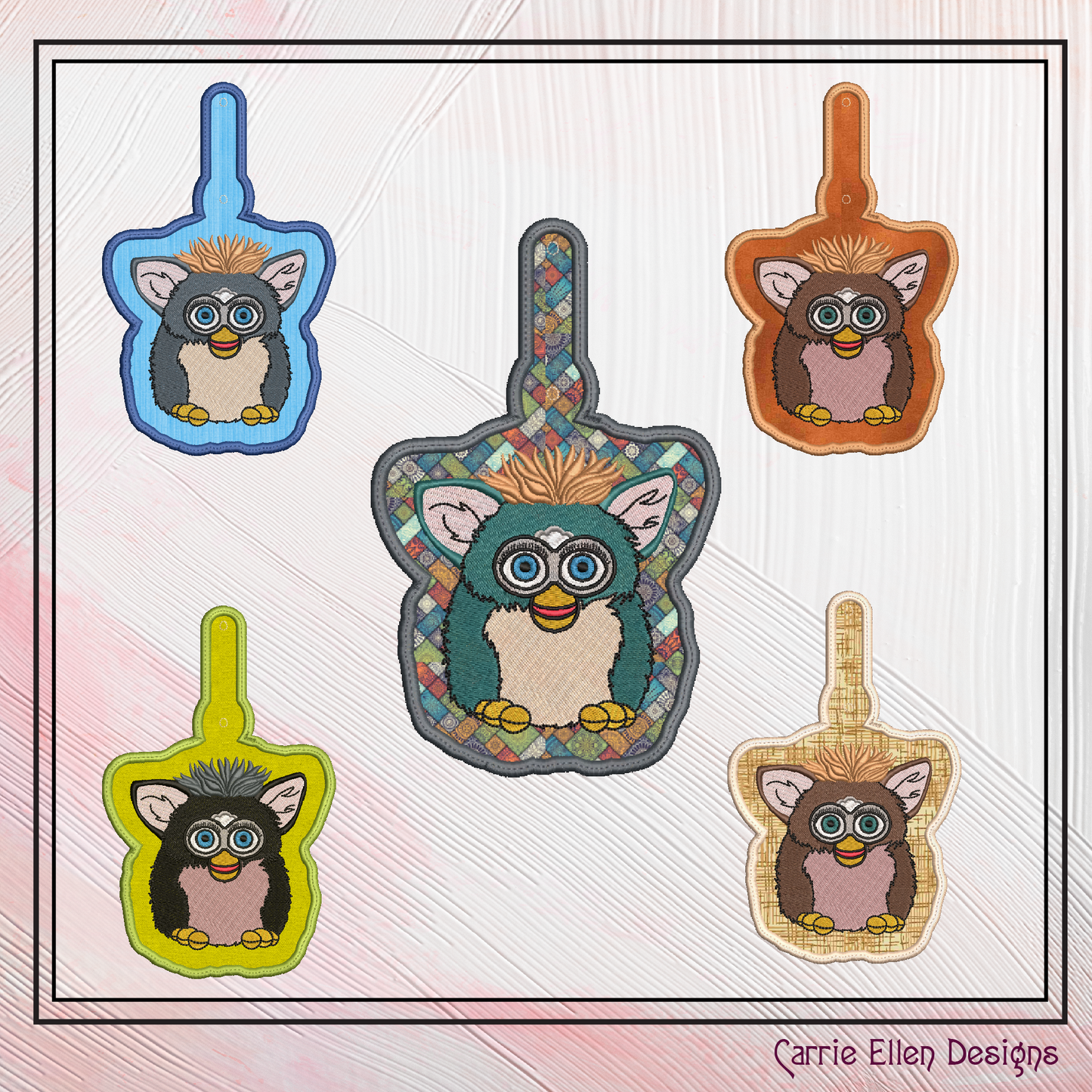 Furby ITH Key Fob Machine Embroidery Design | Nostalgic Robotic Toy In-The-Hoop Bag Tag Fan Art (2275)