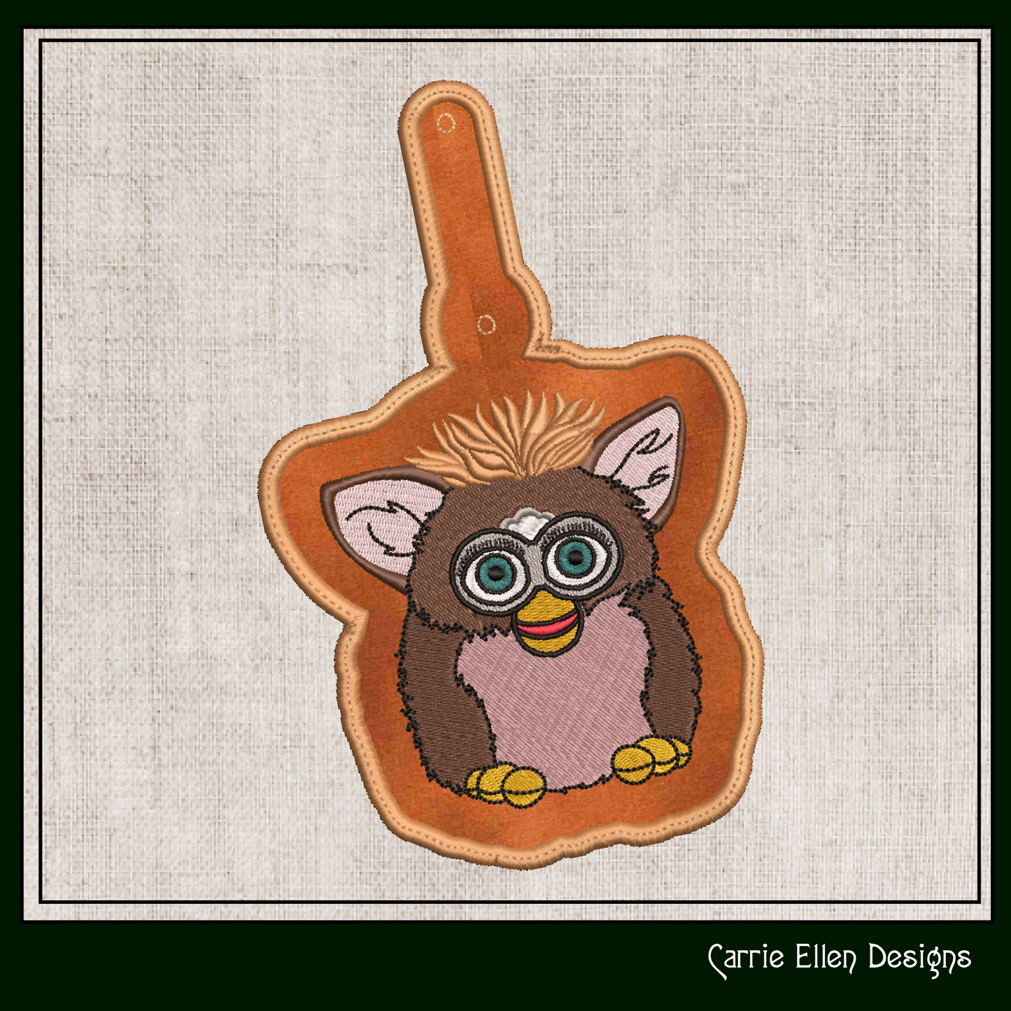 Furby ITH Key Fob Machine Embroidery Design | Nostalgic Robotic Toy In-The-Hoop Bag Tag Fan Art (2275)
